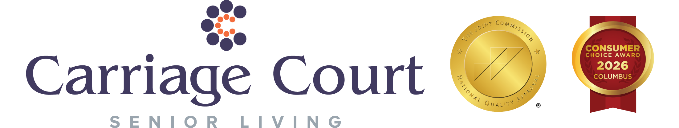 Carriage Court Senior Living logo with the Joint Commission National Quality Approval badge and 2026 Columbus Consumer Choice Award emblem.